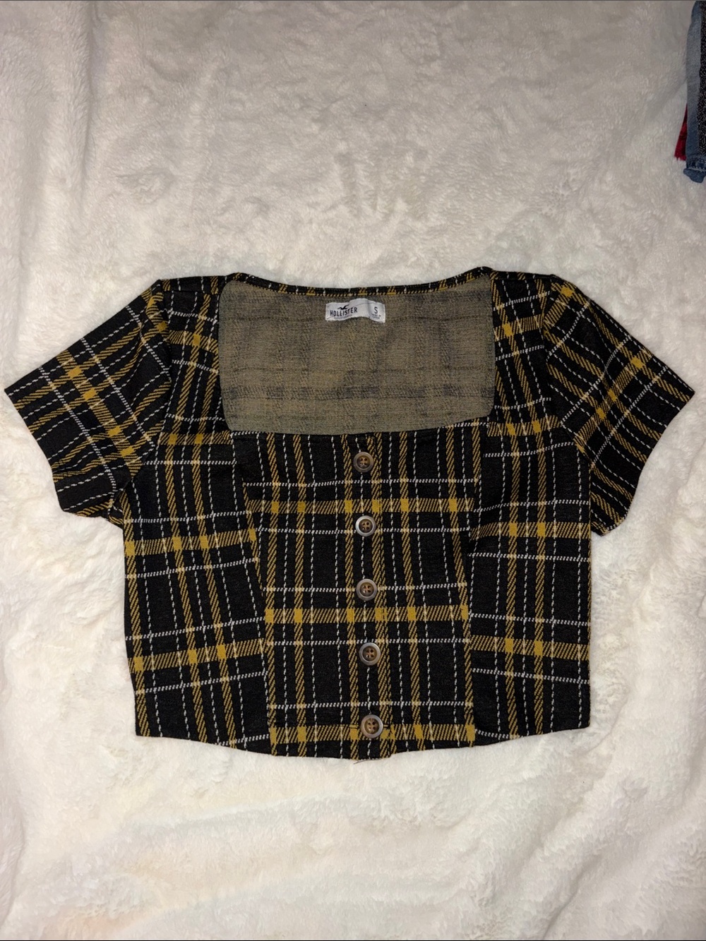 Square Neck Decorative Button-Front Plaid Crop Top - Black & Mustard